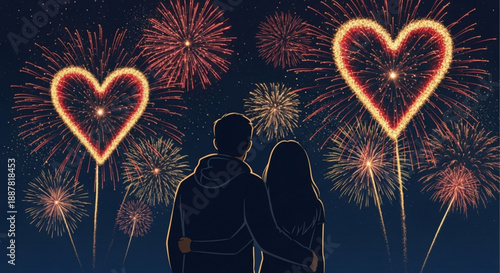 Couple watching heart shaped fireworks display together at night