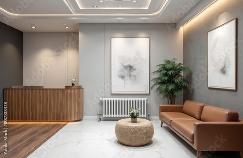 Wallpaper Mural Modern dental office reception area, warm wood counter, comfortable seating, and art decor. Clean, serene waiting room with potted plant, stylish furniture, and soft lighting. Pro healthcare space. Torontodigital.ca