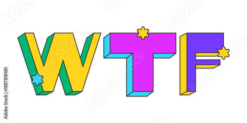 WTF playful 3D text design. Jaw-dropping reaction. Confusion disbelief. Weird content. Internet shock. Multicolor block letters. Retro funky style with stars. Pop culture. Montserrat font used