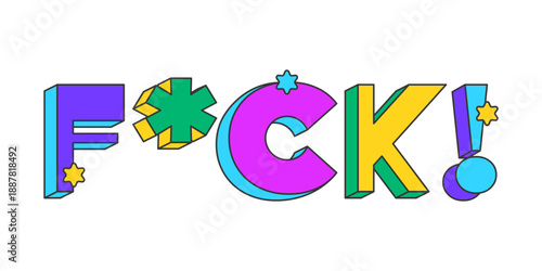 FCK playful 3D text design. Censored swear. Expletive communication. Frustration rage. Online outburst. Multicolor block letters. Retro funky style with stars. Pop culture. Montserrat font used