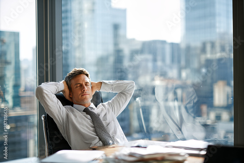 Relaxed businessman leaning back in an executive chair by a floor-to-ceiling window overlooking a city skyline — taking a calm break during the workday
