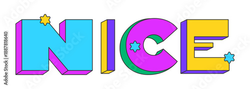 Nice playful 3D text design. Friendly approval. Expressing positivity satisfaction comment. Good job. Multicolor block letters. Retro funky style with stars. Pop culture. Montserrat font used