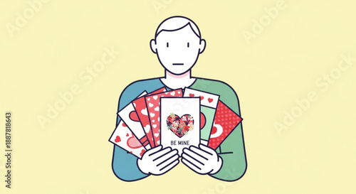 Man holding hearts playing cards with worried expression on yellow background