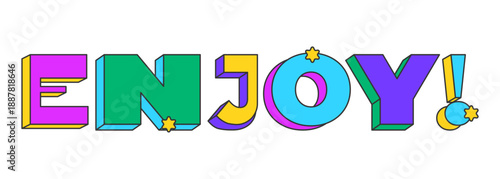 Enjoy playful 3D text design. Feeling joy delight. Enthusiastic response. Casual affectionate post. Multicolor block letters. Retro funky style with stars. Pop culture. Montserrat font used