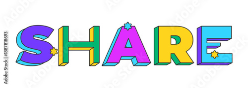 Share playful 3D text design. Distributing viral content link across platforms. Repost tool. Post forward. Multicolor block letters. Retro funky style with stars. Pop culture. Montserrat font used