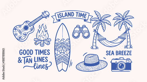 Summer travel doodle set with island and camping icons sketch