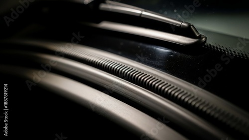 Close-up of a sleek metallic object with ridged edges and reflective surface.