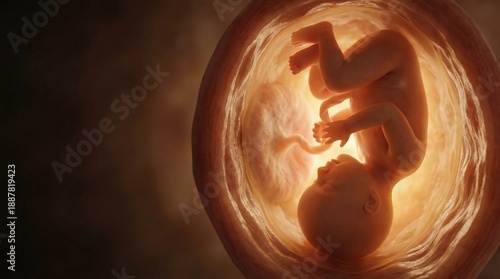 A detailed, glowing image of a human fetus inside the womb, showing early prenatal development and the umbilical cord.
