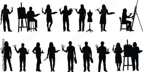 artist, painting, drawing, silhouette, posture, gesture, black, white, icon, illustration, vector, design, symbol, creative, easel, brush, pencil, palette, studio, activity
