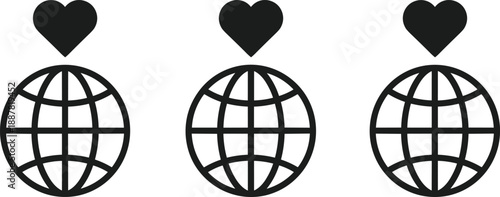 Set of three globe icons with hearts on top representing global love, world peace, international charity, and environmental care concepts
