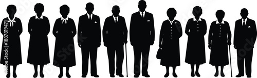 Group of silhouettes representing elderly men and women in formal attire standing together for senior lifestyle, retirement, and aging concepts
