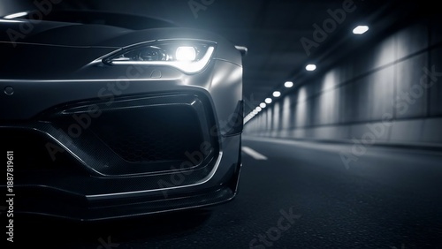 Sleek black sports car driving through a dimly lit tunnel.