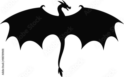 Black silhouette of a flying dragon with large wings spread wide, mythical creature isolated on white background for fantasy design.