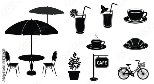 Cafe elements set with umbrella and bicycle