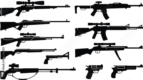 Set of silhouettes representing various rifles, shotguns, and handguns for hunting, tactical military themes, sporting gear, and firearm safety concepts.