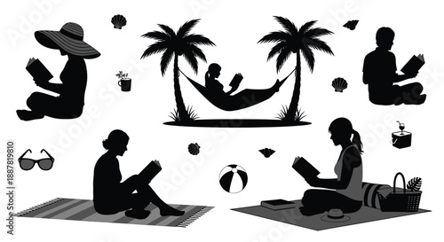 People relaxing and reading on the beach in summer