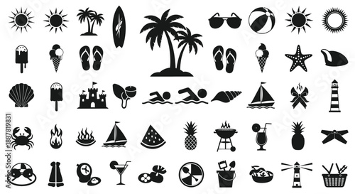 Collection of black summer and beach icons on white background
