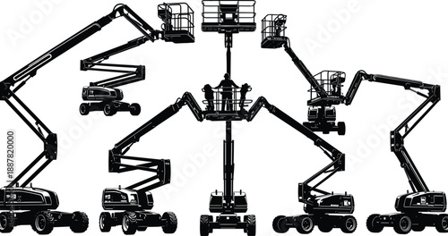 boom, lift, silhouette, cherry, picker, aerial, platform, worker, posture, black, white, icon, illustration, vector, design, symbol, construction, machinery, elevated, equipment