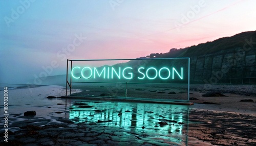 Photograph of a coastal scene at sunset with a glowing 