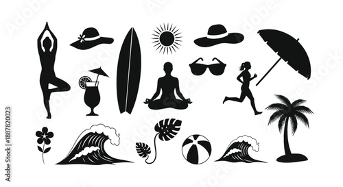 Summer vacation icons collection featuring yoga and beach activities