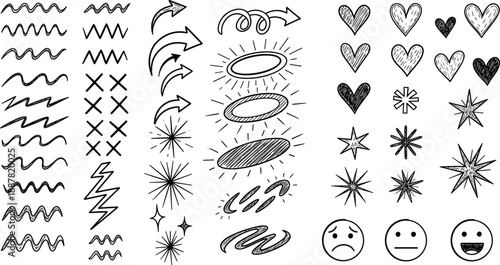 Hand drawn doodle sketch elements collection featuring waves arrows hearts stars bursts sparkles scribbles emotional faces decorative vector illustration set