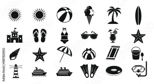Collection of black and white summer icons