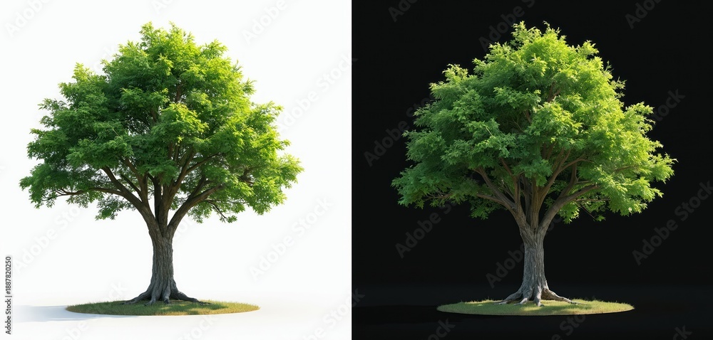 Fototapeta premium Green deciduous tree with dense foliage and thick trunk. Isolated on white and black background. Useful for nature, forest or garden scenes.