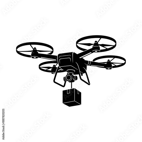 Drone delivering package in flight against a plain background  
