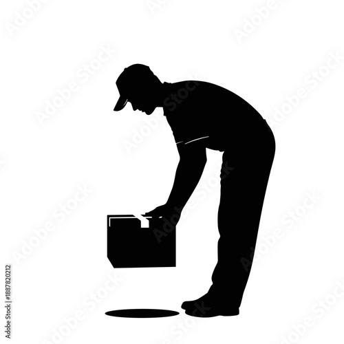 Delivery worker placing package at door step for contactless delivery  