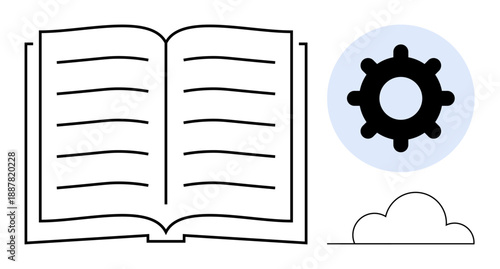Learning concept. Open book, gear, and cloud visuals education, innovation, and technology integration. Learning for educational resources, AI tools, digital innovation online platforms content