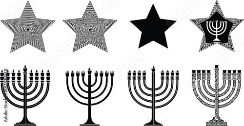 Hanukkah star icons and detailed menorah illustrations celebrating Jewish festival lights traditional symbols line art religious holiday decoration design