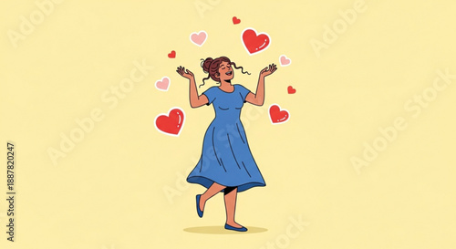 Woman in blue dress surrounded by floating hearts joyful and carefree