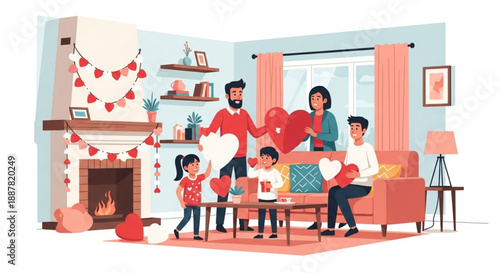 Family celebrating valentine's day together in cozy living room with fireplace