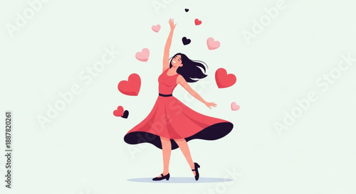 Woman dancing with hearts around her in joyful love and happiness