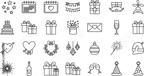 Holiday celebration party icons set including gifts birthday cake champagne calendar decorations sparkles hearts ornaments hats and festive elements