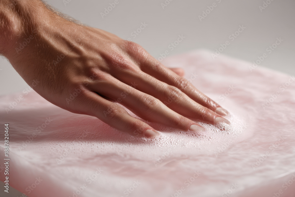 Fototapeta premium Hand pressing flexible silicone surface, tactile close-up showing subtle indentation