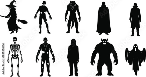 Horror monster silhouettes featuring witch zombie werewolf vampire skeleton ghost and demon characters in dark spooky Halloween style vector illustration art