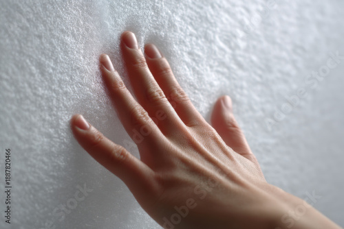 Close-up hand pressing soft silicone, elastic deformation and fine surface texture