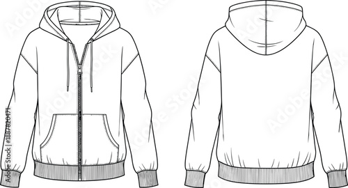 Hoodie technical flat sketch front and back view, zip up sweatshirt template with hood, pocket and rib details vector illustration