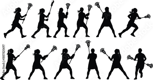 Lacrosse player silhouettes running shooting passing holding stick female athlete sports action poses training competitive team game vector design