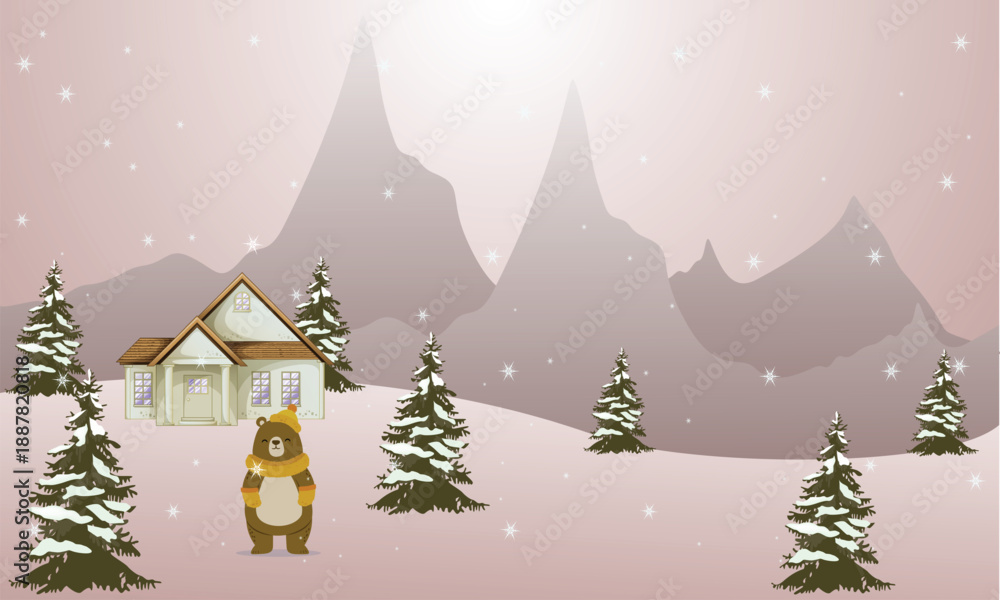 Naklejka premium Charming illustration of a happy bear in a snowy landscape with a cozy cabin and distant mountains, perfect for winter-themed designs