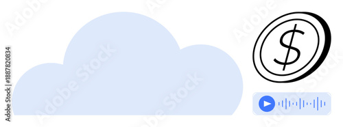 Financial technology, cloud storage, audio services, media streaming, online transactions, modern economy. A cloud, dollar icon and audio waveform. Financial technology and cloud storage concepts