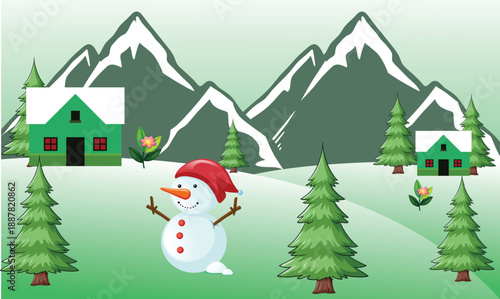 Joyful snowman with a red hat in a serene winter mountain landscape. Features pine trees, charming houses, and a festive atmosphere perfect for holiday themes