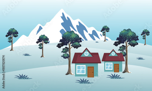 Charming illustration depicting a serene winter landscape with majestic snow-capped mountains, sparse evergreen trees, and two cozy houses nestled peacefully in the quiet, frosty environment