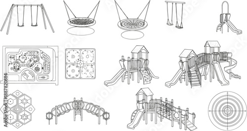 Playground equipment vector set featuring swings slides climbing structures layout plans overhead diagrams outdoor park play area design elements collection