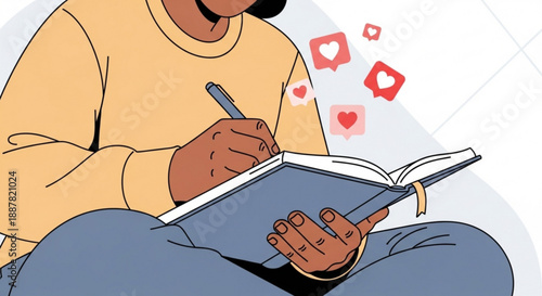 Person writing in notebook with social media likes floating up