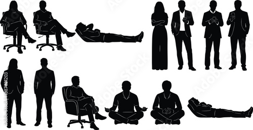 Silhouette people set sitting standing relaxing meditating lying down business poses collection, human figure vector illustration for design projects
