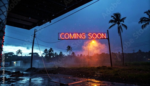 Photograph of a tropical beach at dusk with palm trees, a neon 