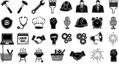 Black and White Icons: Labor Day Symbols - Tools, Professions, Celebrations