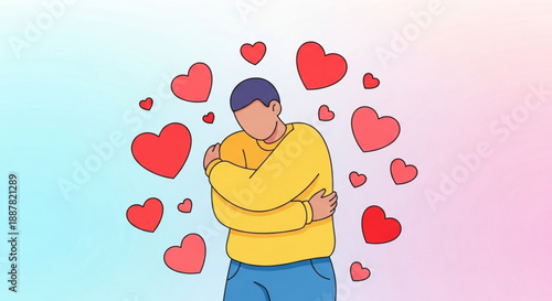 Man feeling loved with hearts around him in pastel background